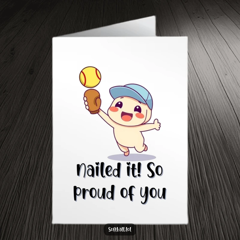 Funny Free Printable Congrats Card: Proud character with glove catches a speeding softball, a look of pure success.
