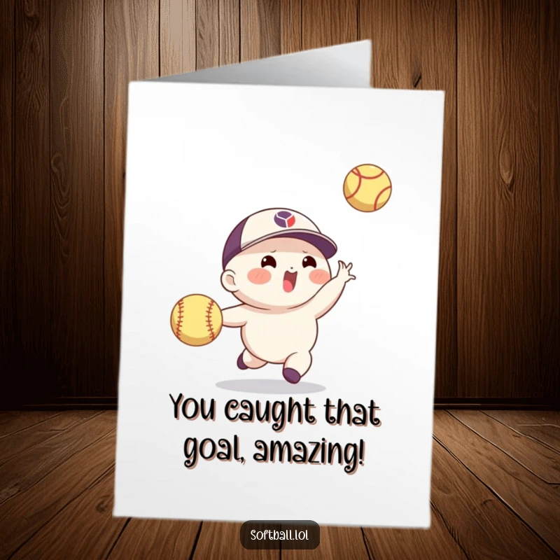 Funny Free Printable Congratulations Card: Dexterous softball character leaping to catch a ball, symbolizing a successful and skillful achievement.