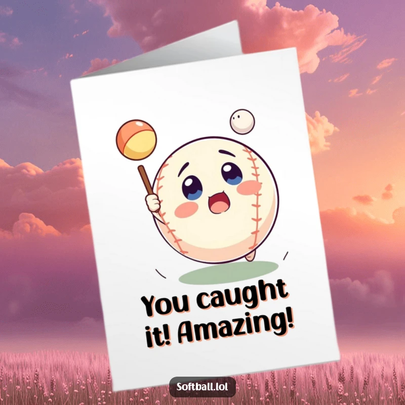 Funny Free Printable Congratulations Card: An astonished softball catches a fly ball, symbolizing catching success.