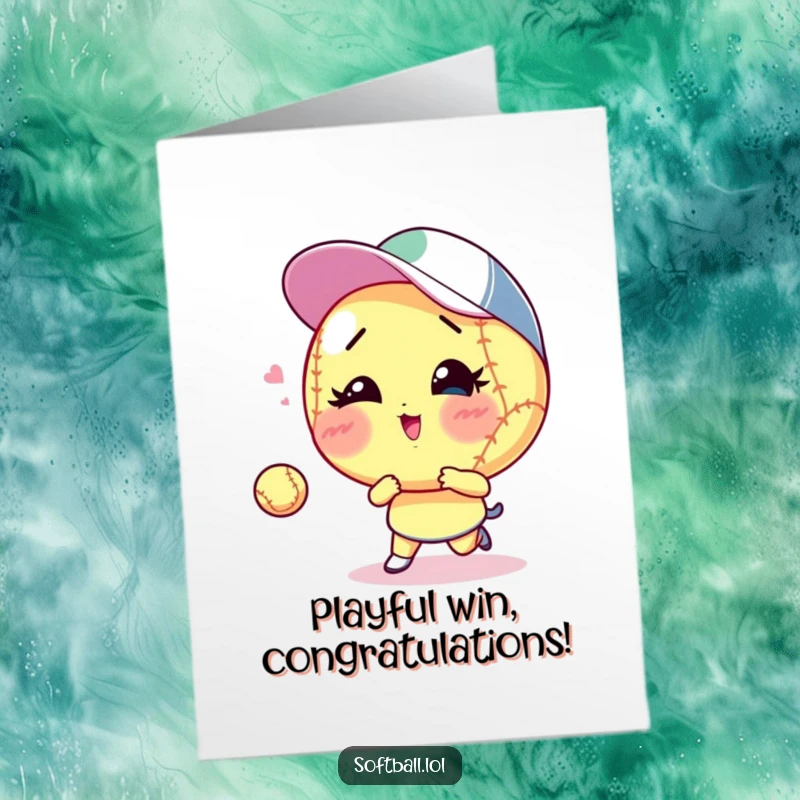 Funny Free Printable Congratulations Card: A softball playfully winks, signifying a successful catch or accomplishment.