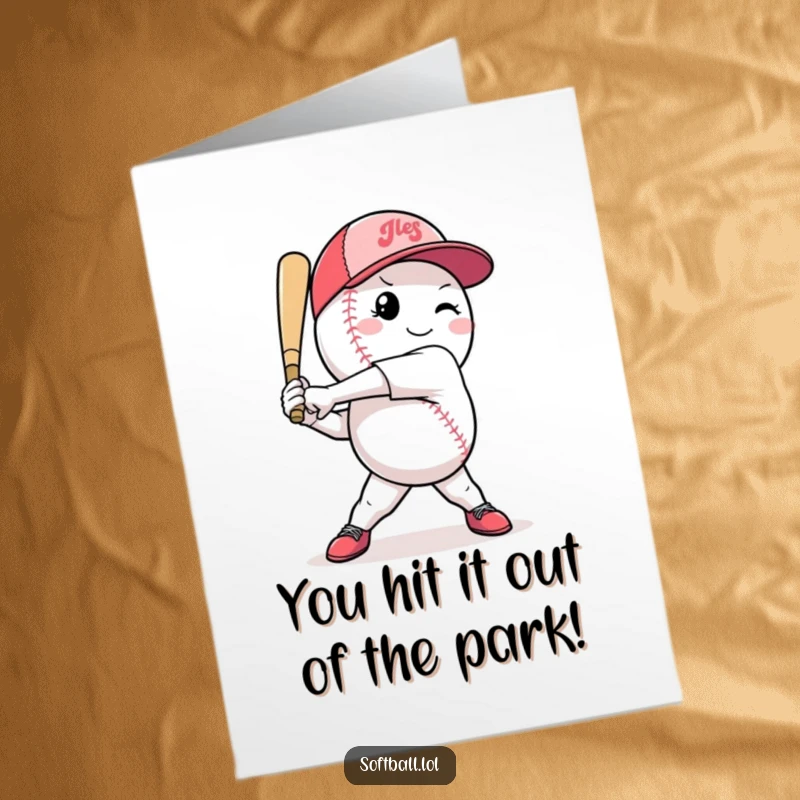 Funny free printable congratulations card showing a softball character in a powerful mid-swing pose, celebrating a major win.
