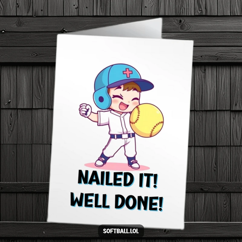 Funny Free Printable Congratulations Card: A winking softball player character expertly throws a curveball, celebrating success.