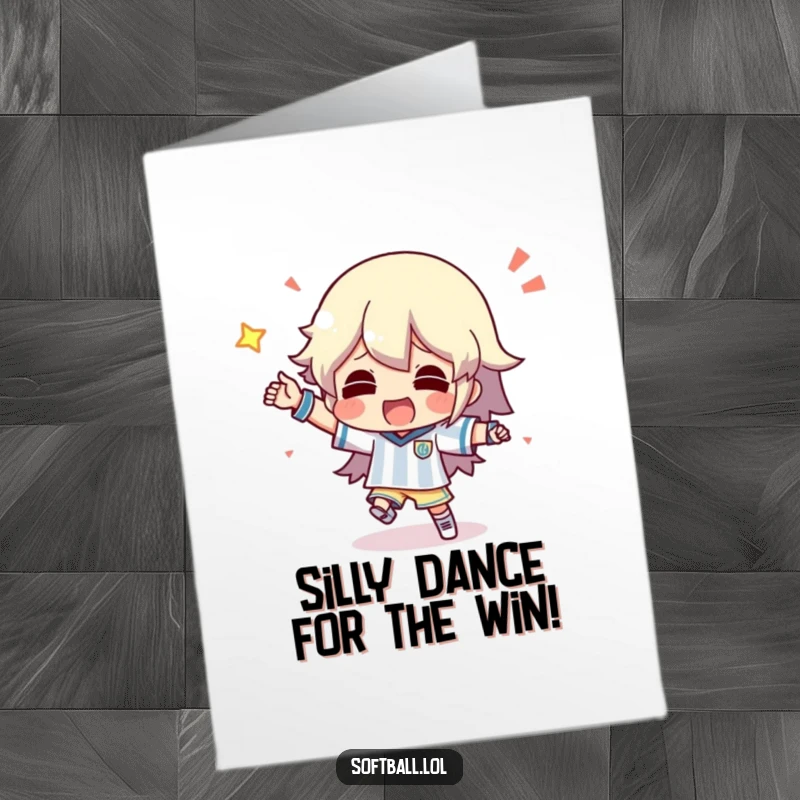 Funny Free Printable Congratulations Card: A character doing a silly dance after scoring, celebrating a triumphant moment.