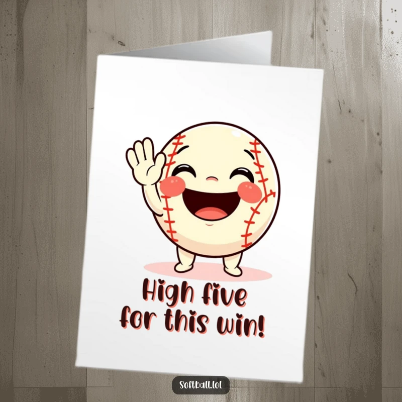 Funny Free Printable Congratulations Card: Adorable softball character waving enthusiastically with a wide, friendly grin, celebrating a fantastic accomplishment.