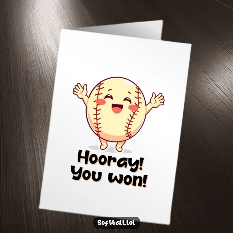 Funny Free Printable Softball Congratulations Card, a jubilant softball character raising arms in a cheer, perfect for DIY.