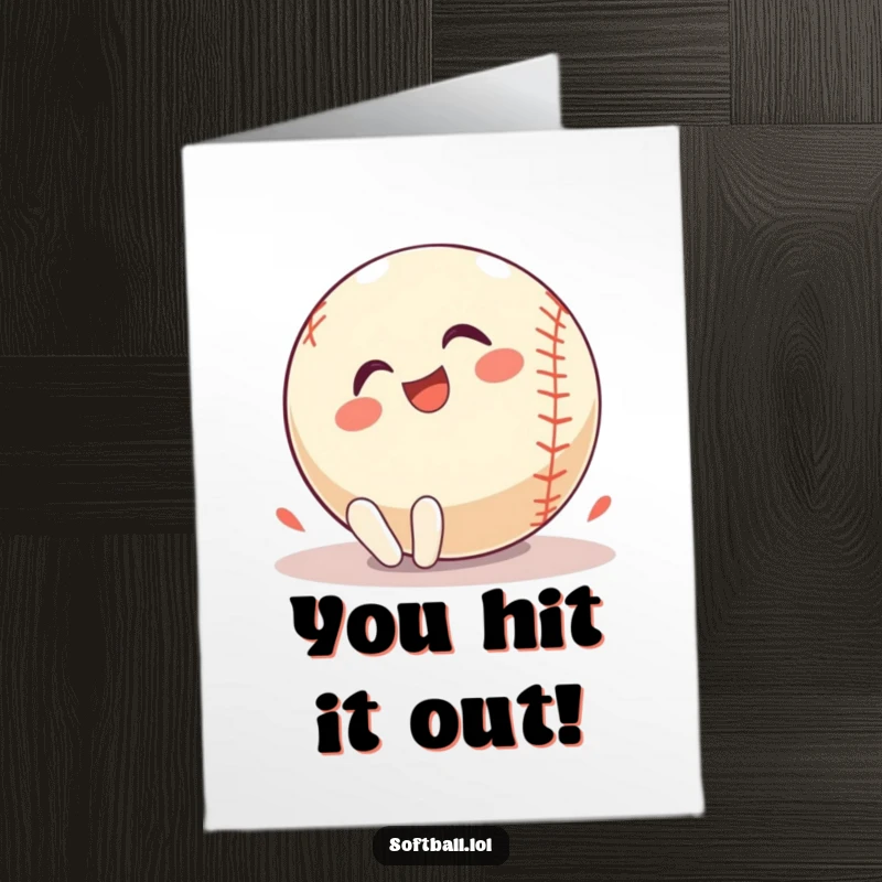 Funny Free Printable Softball Congratulations Card, a happy softball character rolling with glee after a success, ideal for DIY.