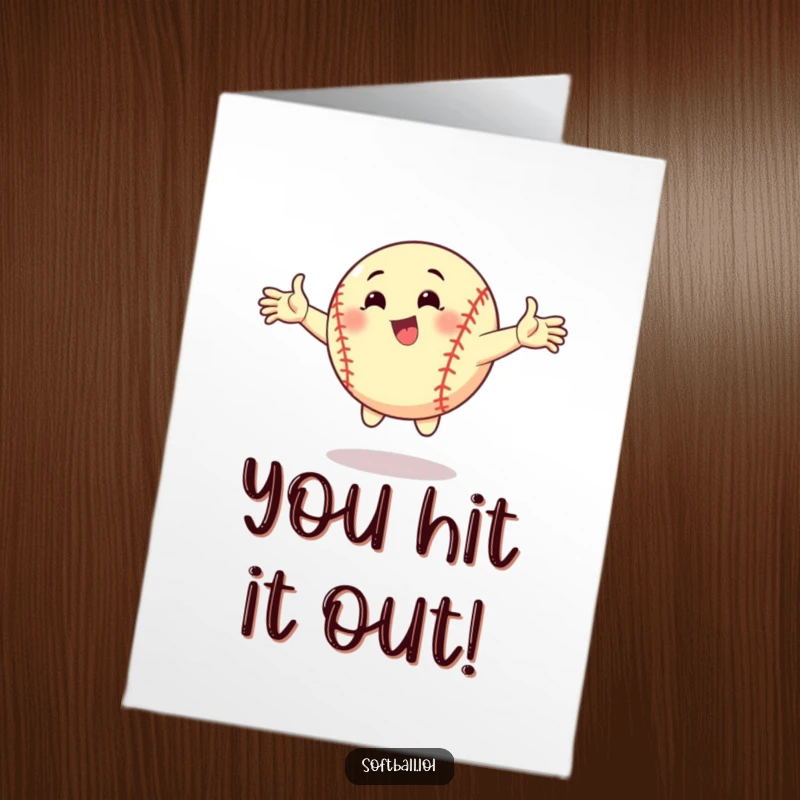 Funny Free Printable Softball Congratulations Card, a ball striking a dynamic pose with outstretched arms, bold downloadable art.