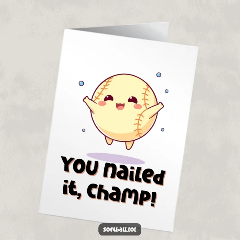Funny Free Printable Softball Congratulations Card, a ball sweating while doing a star jump, hilarious sporting downloadable art.