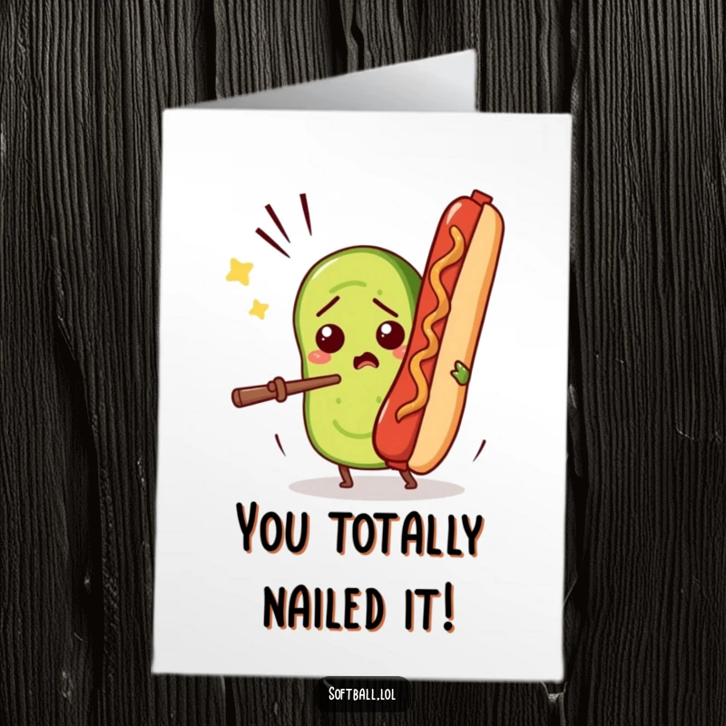 Funny Free Printable Congratulations Card: A confused pickle slice comically fends off a flying hot dog in celebration.