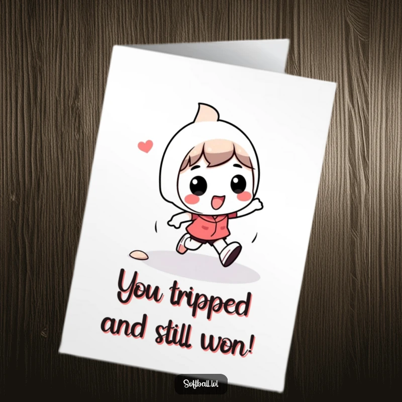 Funny Free Printable Congratulations Card: Kawaii character humorously tripping while running bases, capturing a moment of playful mishap in celebration.