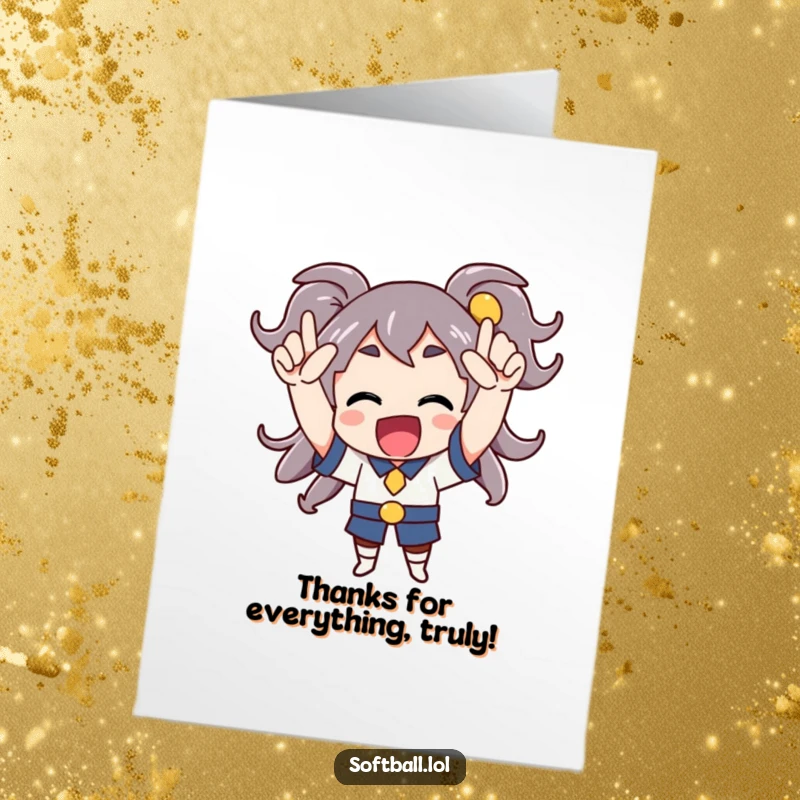 Funny Free Printable Thank You Card: An enthusiastic character cheering with raised arms, a joyful thank you.