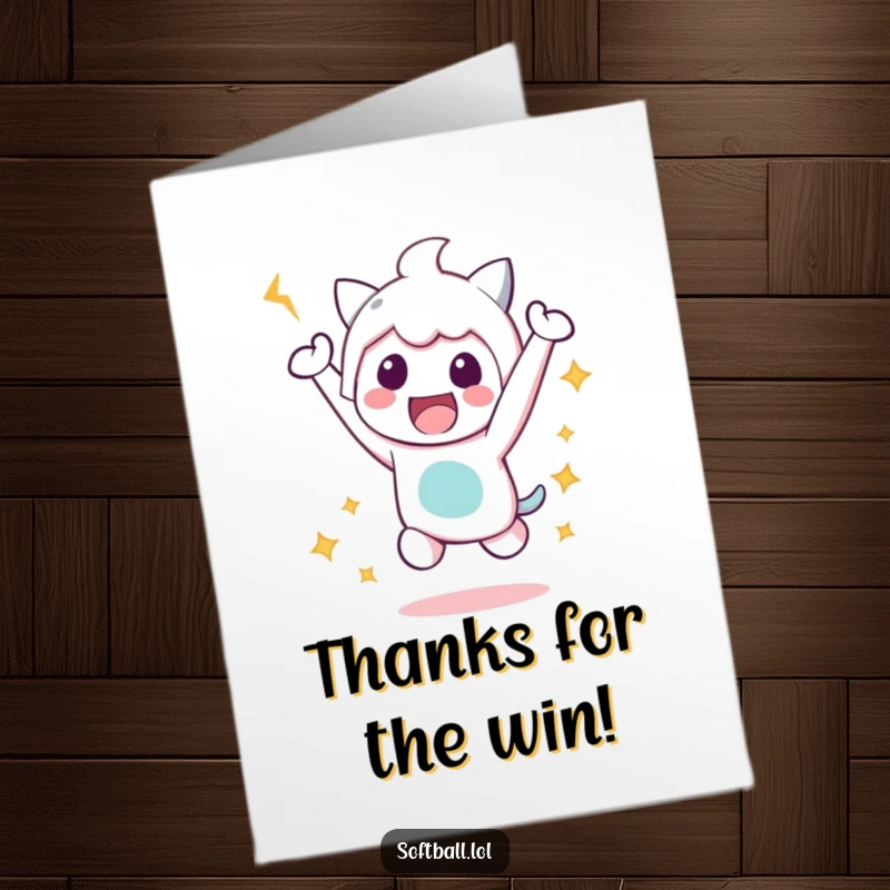 Funny Free Printable Thank You Card of a kawaii character in a jubilant victory jump after a powerful baseball hit.