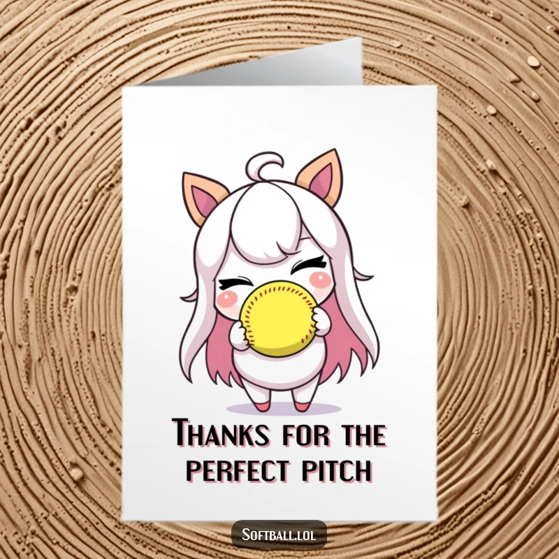 Funny Free Printable Softball Card Thank You Card: Winking character holding a softball with a cheeky grin, perfect for expressing thanks.