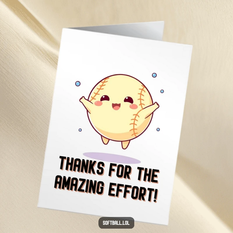 Funny Free Printable Softball Thank You Card, a ball sweating during a star jump, energetic and funny downloadable greeting.