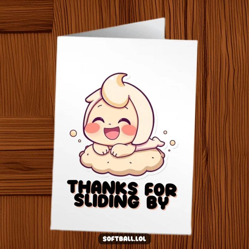 Funny Free Printable Thank You Card: A smiling character sliding into a base, dirt flying, expressing thanks for a great play. Easy print-at-home.