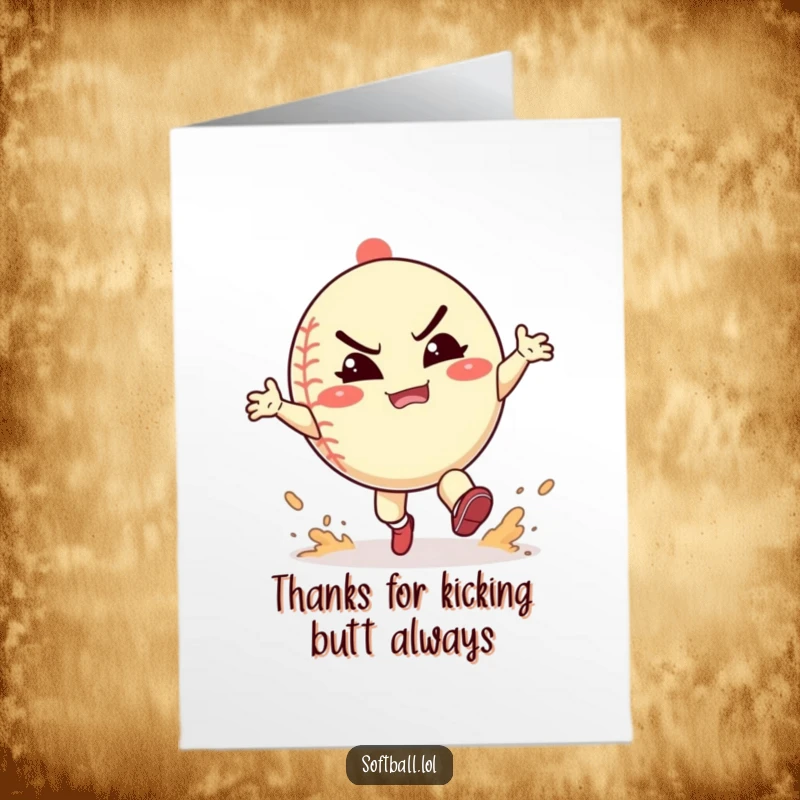 Funny Free Printable Thank You Card: Playful softball character kicking up dust with a happy grimace, expressing sincere thanks with energetic charm.