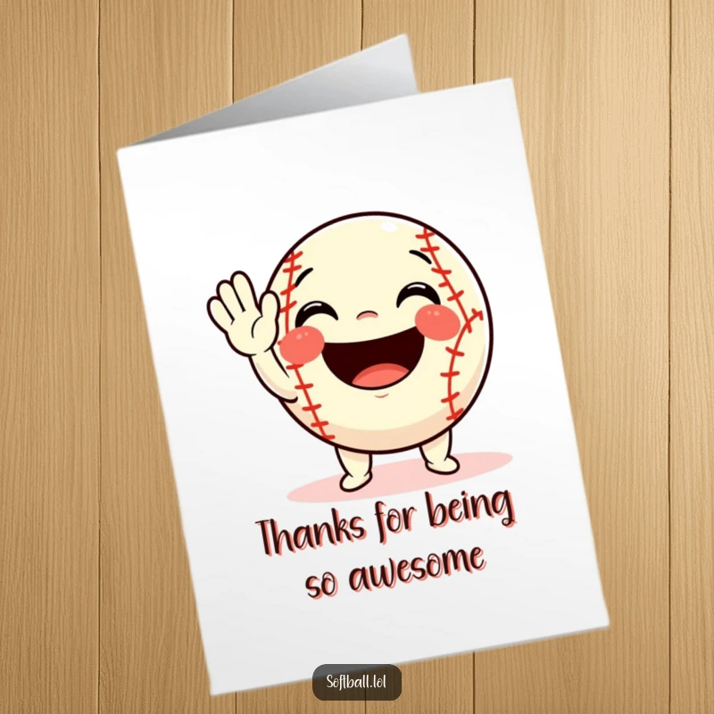 Funny Free Printable Thank You Card: A friendly softball character waving happily, conveying sincere thanks with an infectious, positive vibe.