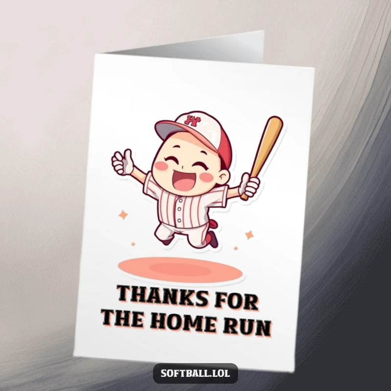 Funny Free Printable Thank You Card: Character celebrating a home run with an energetic, triumphant jump.
