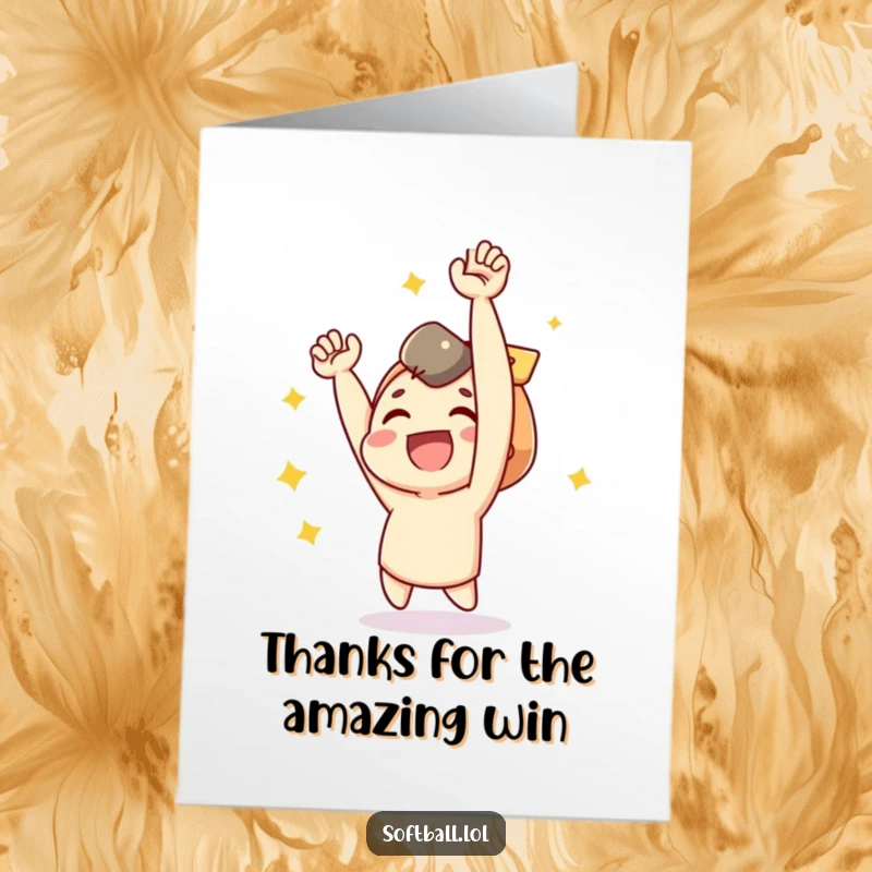 Funny Free Printable Thank You Card: A joyful character raises their arms in triumph, celebrating a successful event with pure happiness.