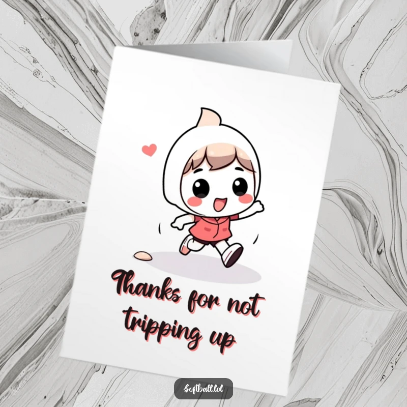 Funny Free Printable Thank You Card: Kawaii character playfully tripping while running, a humorous and endearing way to say thanks.