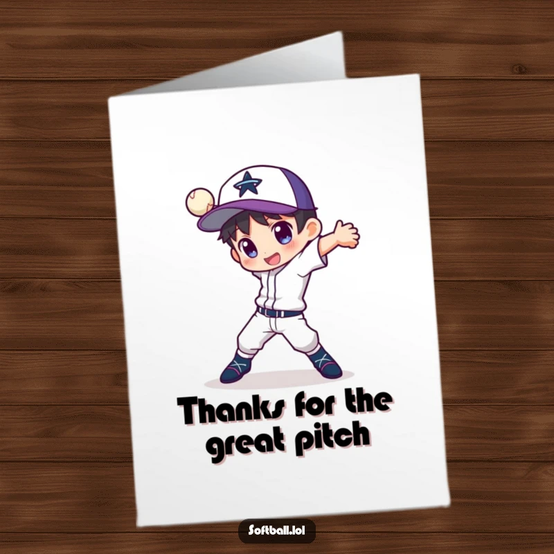 Funny Free Printable Thank You Card: Character in a dynamic, stylish pitching motion, conveying thanks.