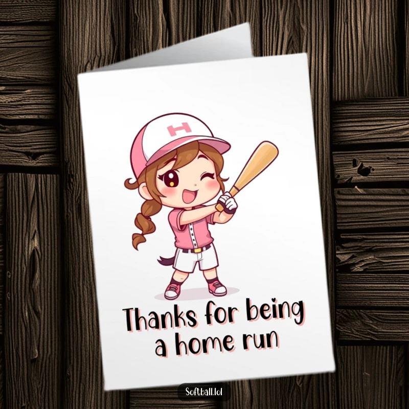 Funny Free Printable Thank You Card: Enthusiastic character in softball uniform, mid-swing with a happy expression.