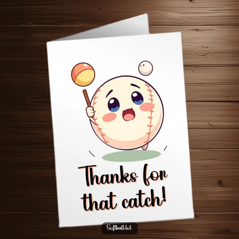 Funny Free Printable Thank You Card: A softball looks shocked as it catches blessings, a great way to say thanks.