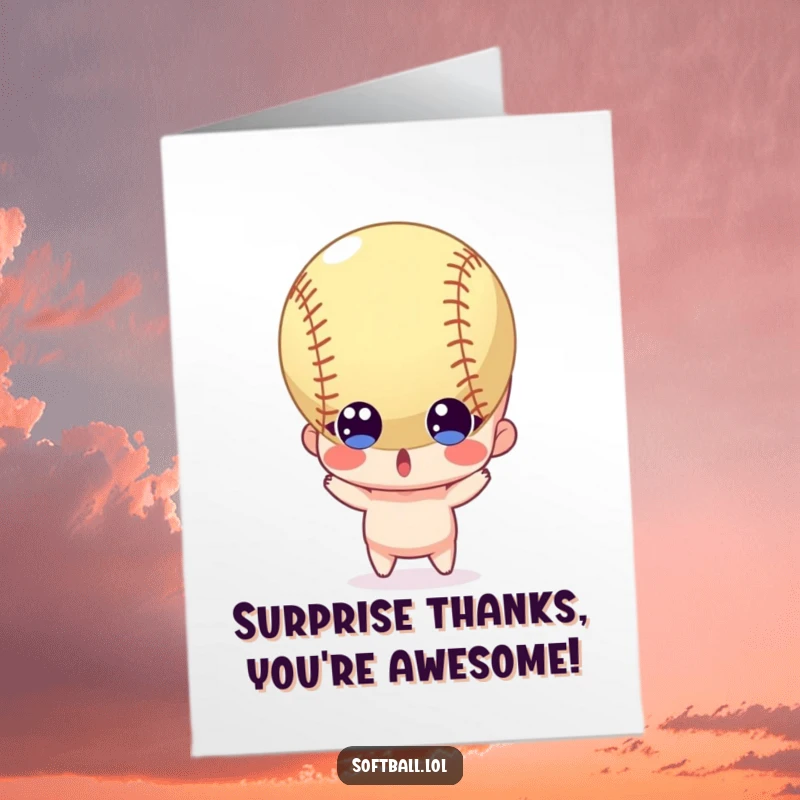 Funny Free Printable Thank You Card: Character surprised, eyes wide, as a softball speeds directly towards them.