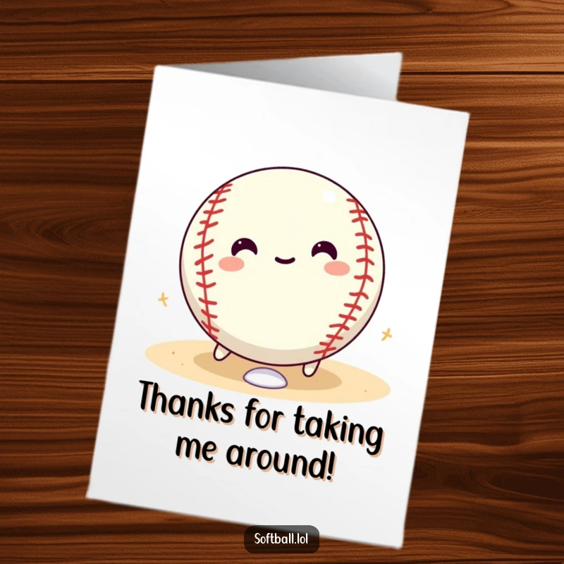 Funny Free Printable Softball Thank You Card: A happy softball rolling with glee around bases, a visual representation of joyful thanks.