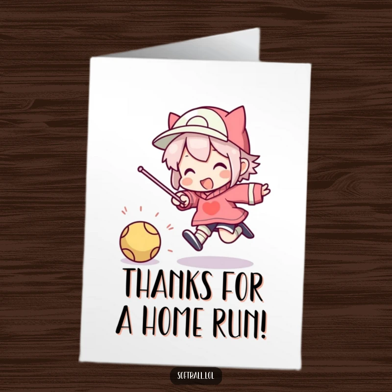 Funny Free Printable Thank You Card: Character performing a comical jump after hitting a ball, a joyful way to say thank you.