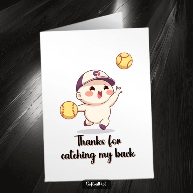 Funny Free Printable Thank You Card: Agile softball character making an impressive catch, conveying heartfelt thanks with a touch of playful skill.