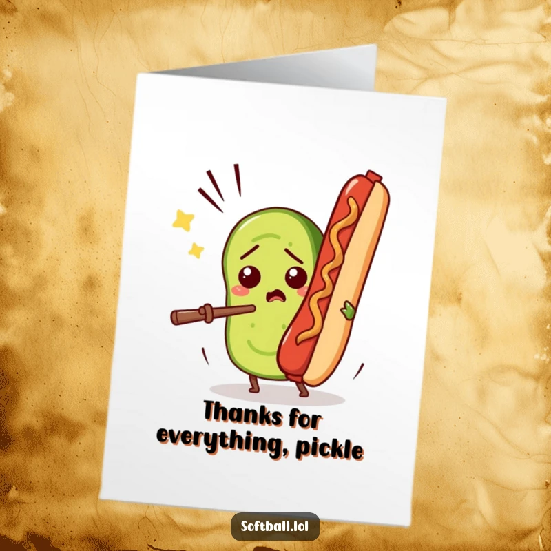 Funny Free Printable Thank You Card: A confused pickle slice comically trying to bat away a flying hot dog.