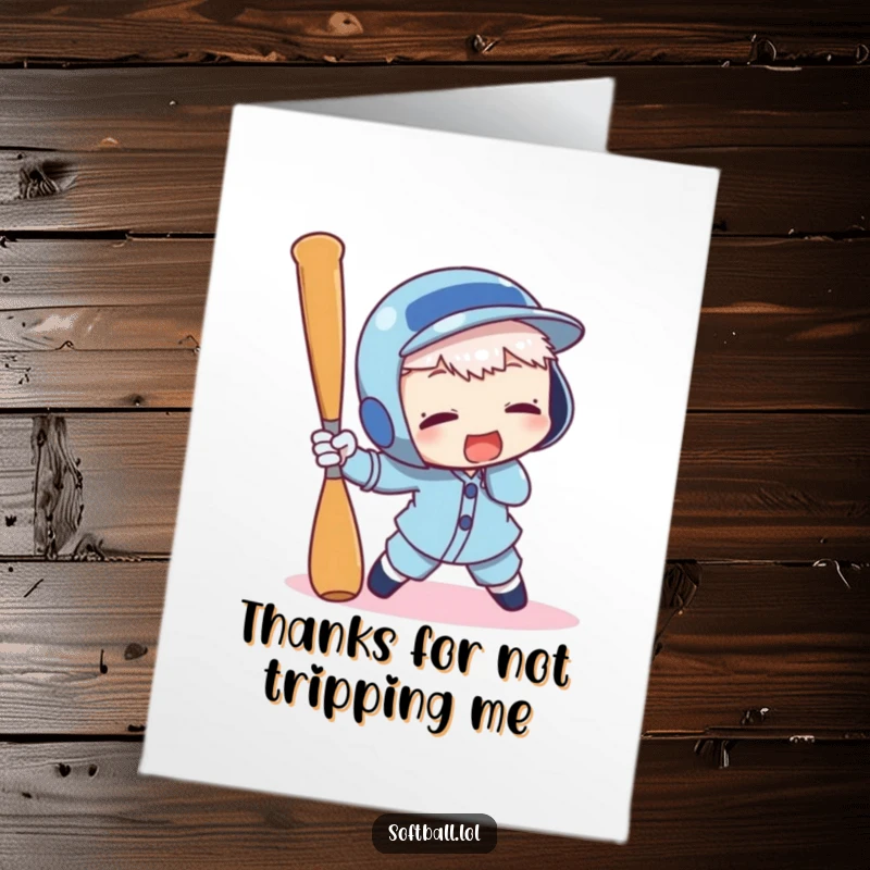 Funny Free Printable Thank You Card: A character comically tripping over a baseball bat, expressing funny gratitude.