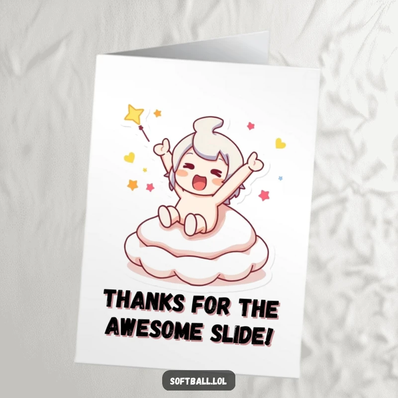 Funny Free Printable Thank You Card: Character slides into a base, expressing thanks. Humorous, grateful, downloadable, print-at-home.