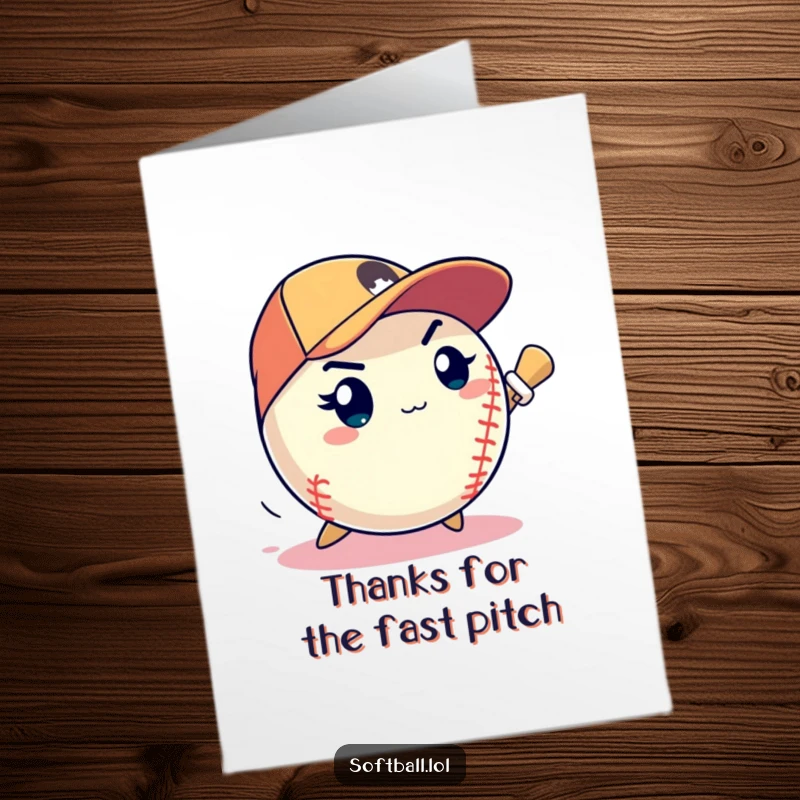Funny Free Printable Thank You Card: A determined softball pitches a lightning-fast strike, conveying heartfelt thanks.