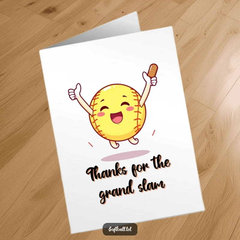 Funny Free Printable Thank You Card: A happy softball jumps with arms wide, celebrating a home run while saying thanks.