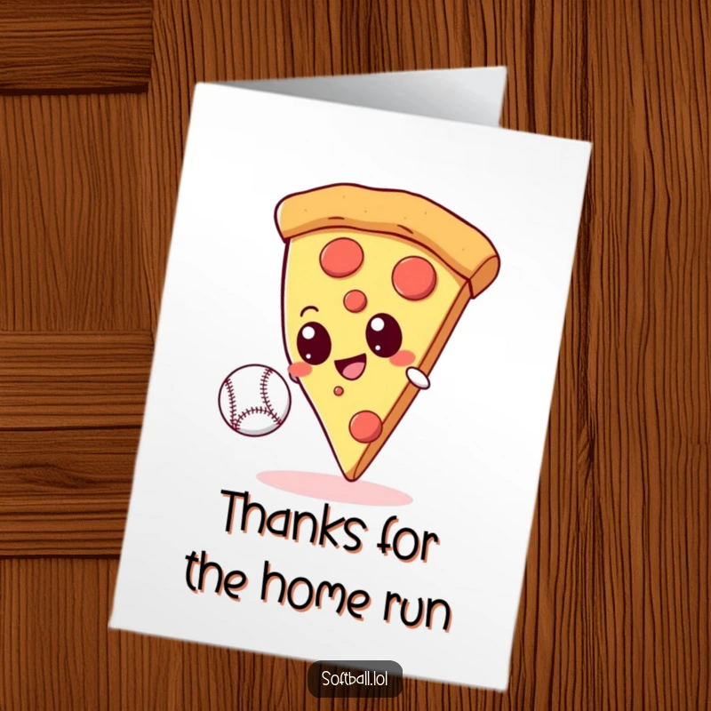 Funny Free Printable Thank You Card: Googly-eyed pizza slice catching a baseball, humorously expressing thanks for a great catch.