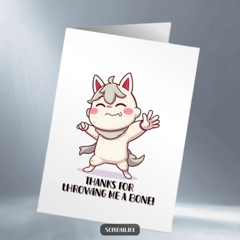 Funny Free Printable Thank You Card: Character strikes a dramatic pitching pose, saying thank you. Humorous, grateful, downloadable, print-at-home.