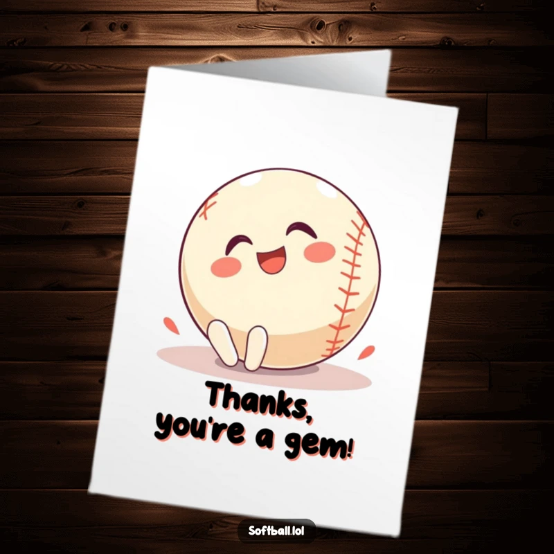 Funny Free Printable Softball Thank You Card, a softball character rolling happily on the ground, perfect for a DIY thank you.