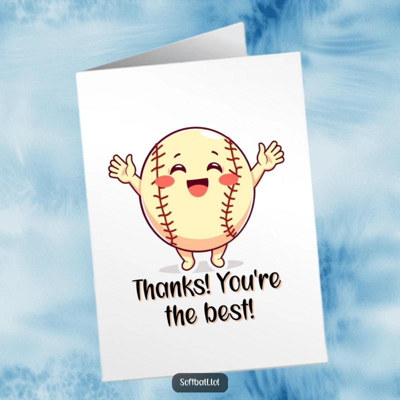 Funny Free Printable Softball Thank You Card, an excited softball character cheering with raised arms, great for DIY.