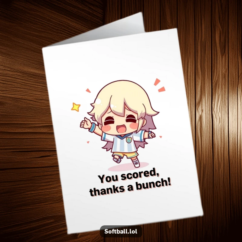 Funny Free Printable Thank You Card: A character doing a silly dance after scoring, a uniquely funny thank you.