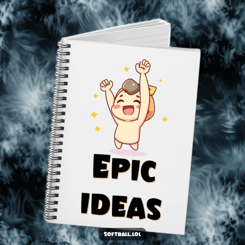 Funny notebook featuring a joyful character cheering after a baseball hit, ideal for note-taking.