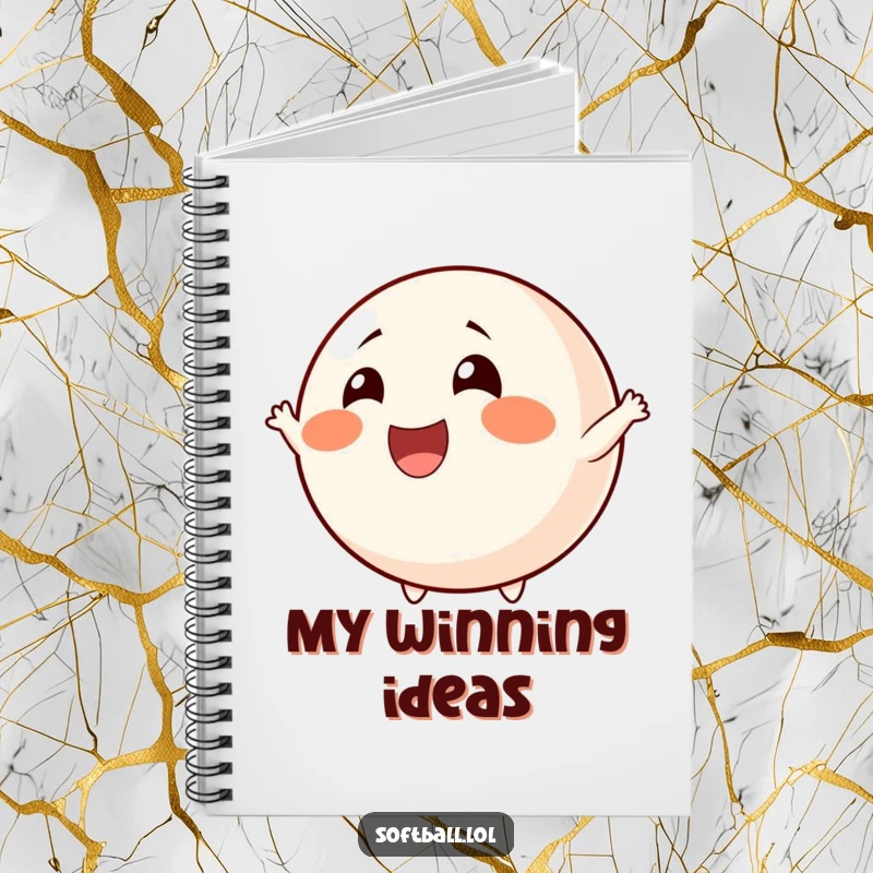 Funny cheerful softball notebook with rosy cheeks, cheering, perfect for note-taking and funny gifts.