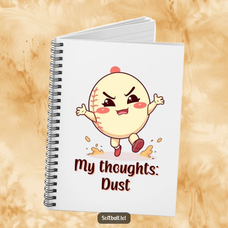 Funny softball notebook featuring a character playfully kicking up dust with a happy grimace, perfect for jotting down energetic thoughts.