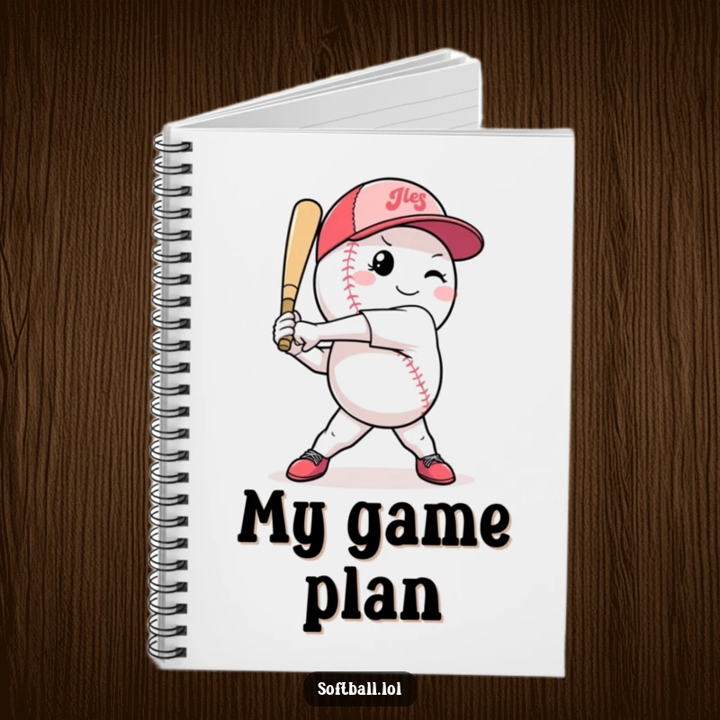 Funny softball notebook featuring a confident character mid-swing, perfect for jotting down plays or daily thoughts.