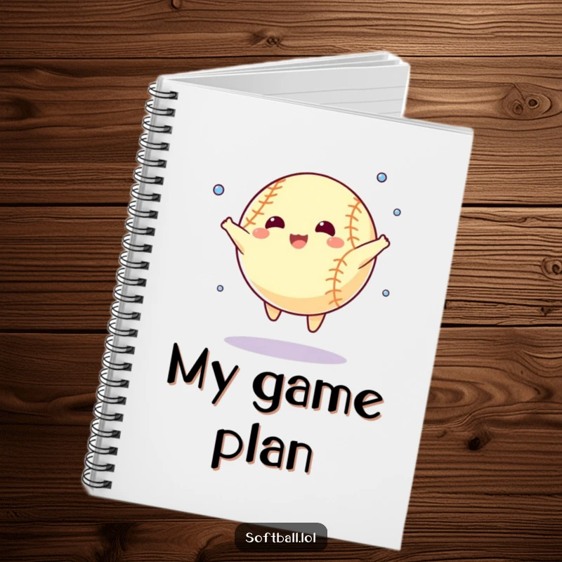 Funny notebook cover with a cartoon softball doing a star jump and sweating. Perfect for jotting down workout notes.