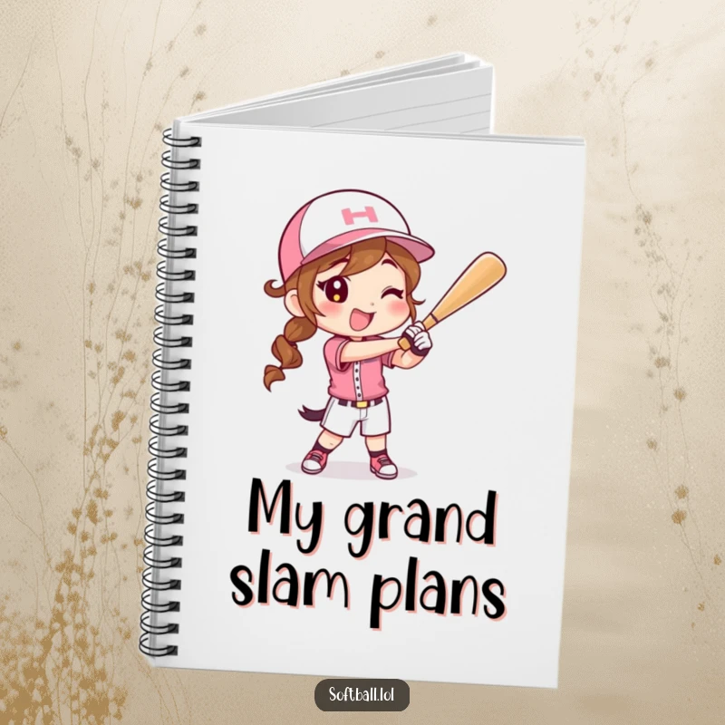 Funny notebook with a happy character in a softball uniform swinging a bat, perfect for jotting down game plans.