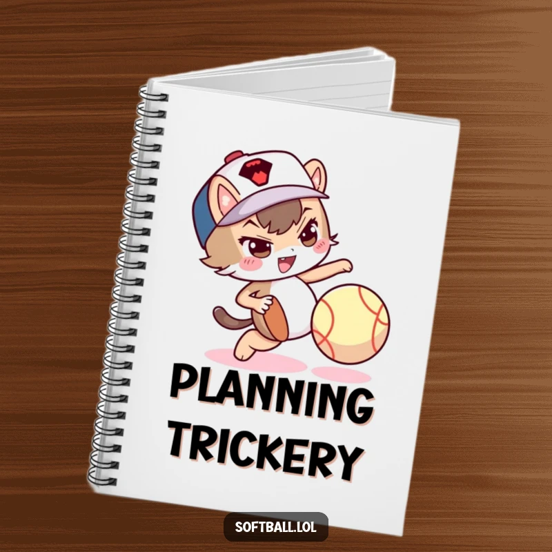 Funny notebook featuring a mischievous character dribbling a softball with its foot, ideal for notes.