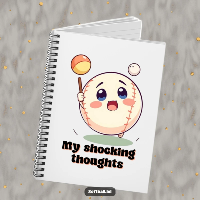 Funny softball notebook with a surprised face, ready to catch ideas, perfect for journaling and funny gifts.