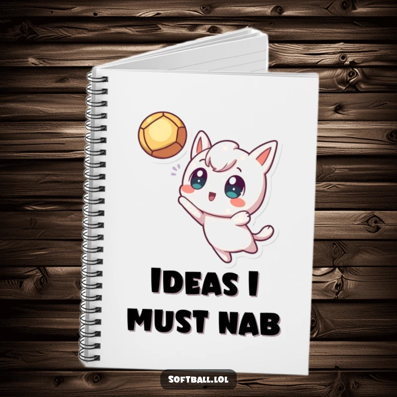 Funny Fly Ball Notebook, featuring a kawaii character with excited eyes catching a fly ball, ideal for writing, planning, and sports fans.